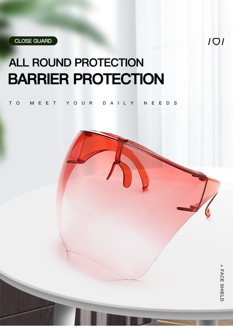 A translucent red gradient full face safety glasses protective face shield mask with sleek curved design and adjustable ear loops offering protection glasses features.