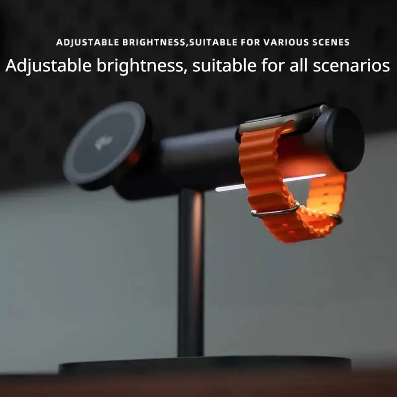 Bracelet de montre en silicone orange avec fermoir métallique présenté sur un support de charge sans fil magnétique noir 25 W 7-en-1 à charge rapide pour une fonctionnalité de charge rapide.