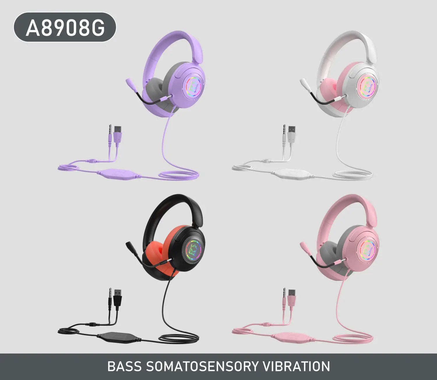Auriculares para videojuegos con micrófono y funciones de iluminación RGB; incorporan auriculares originales circumaurales de colores pastel con cable y micrófonos desmontables, disponibles en lavanda, blanco, negro-naranja y rosa.