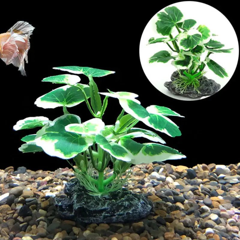 green and white variegated artificial water plants with realistic leaf texture mounted on a dark rocky base for fish tank landscape decoration.
