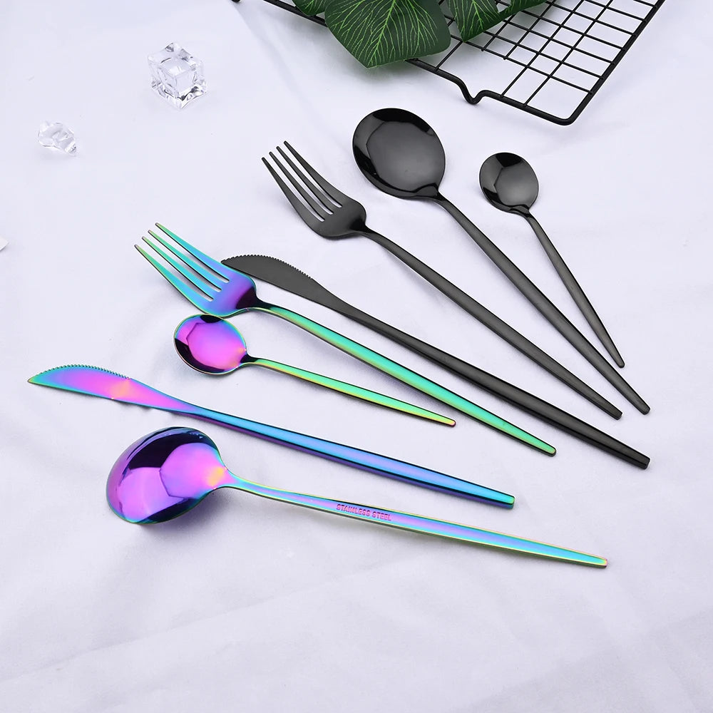 Stainless Steel Tableware 24-Piece Set Knife, Fork and Spoon Set Western Tableware 6 People Black Spoon Fork