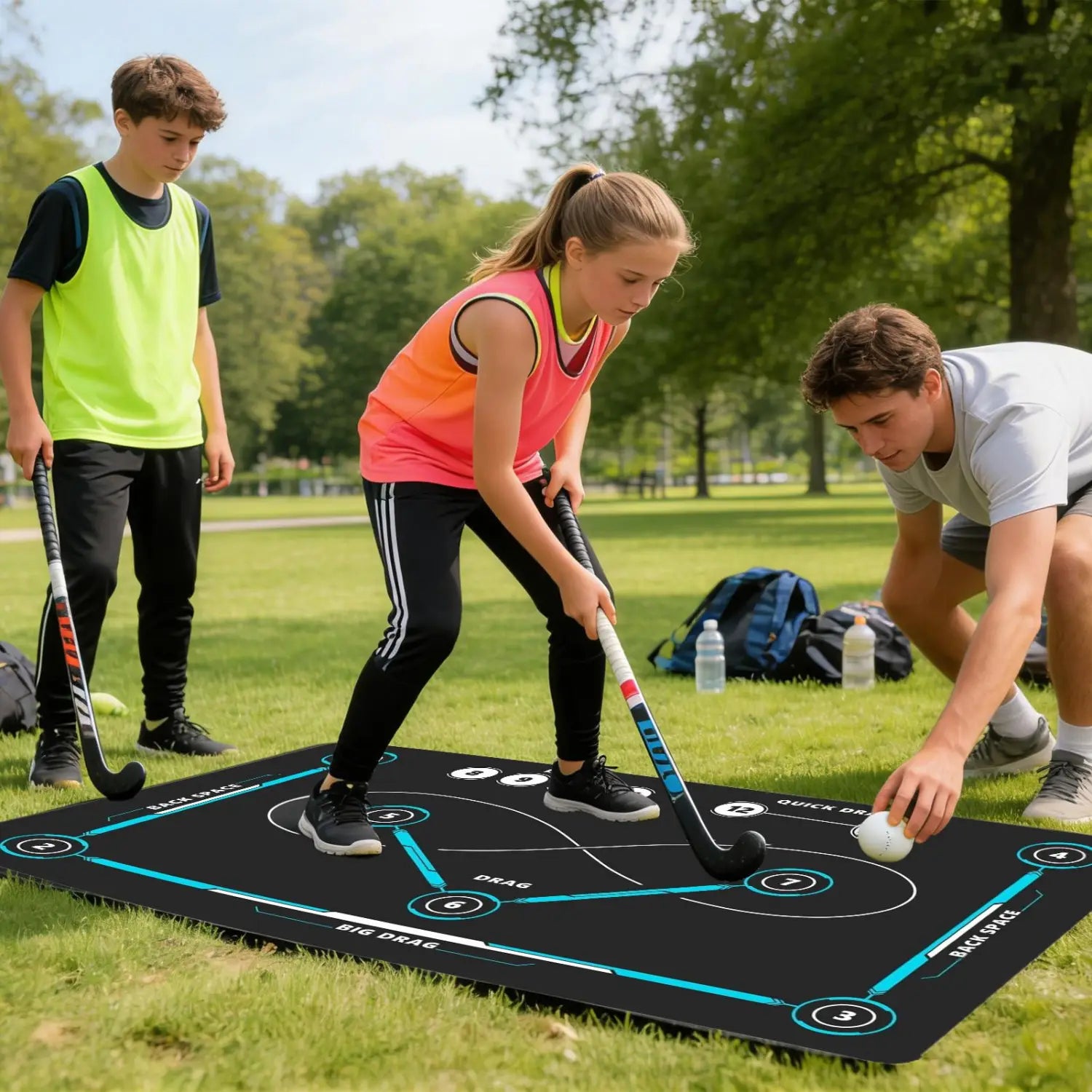 Schwarz-türkise Big-Drag-Floor-Hockeymatte mit nummerierten Kreisen und Richtungspfeilen, ausgelegt als rutschfestes Trainingspad zum Stockführen