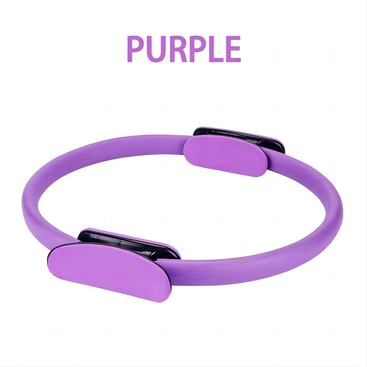 Purple pilates ring with a textured silicone band and black plastic clasp in a 5-piece pilates ring and resistance band set.