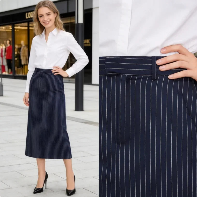Women's Skirt 2026 Summer New Navy Blue Striped High Waist Slit A-Line Maxi Skirt Elegant Fashion