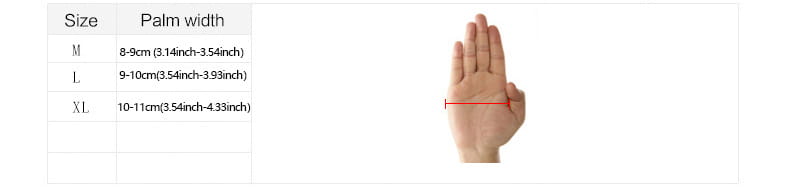 Die Handflächenbreiten-Messwerttabelle für die Größen M, L und XL für Gewichthebergunschuh-Handschuhe für Fitness und Training.
