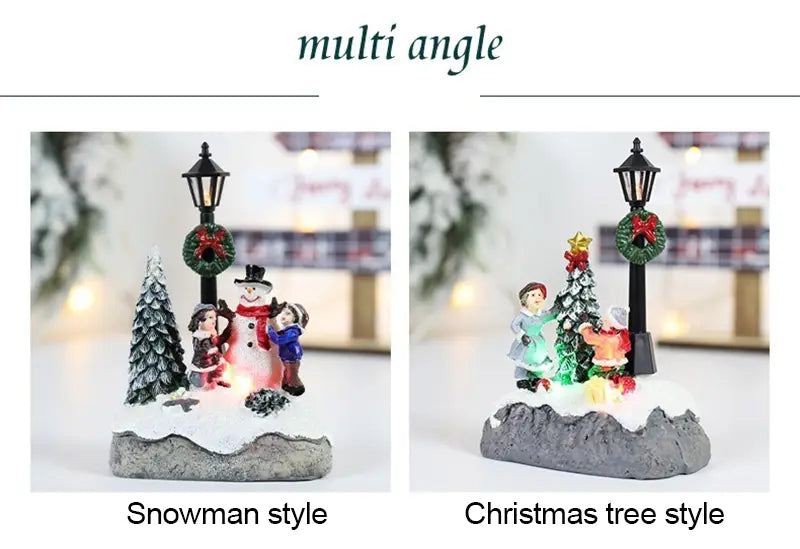 クリスマスハウスライトのLED雪だるまフィギュリン用ディスプレイ。雪だるま、黒い街灯、クリスマスツリーを備えた、灰色の台座の上の華やかなミニチュア情景です。