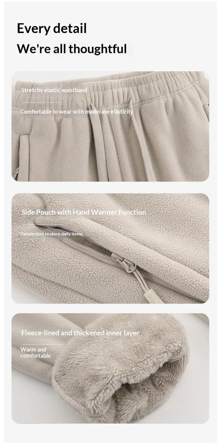 Pantalons de survêtement d’hiver décontractés doublés en polaire beige pour hommes, avec taille élastique extensible et poche latérale à fonction chauffe-mains.