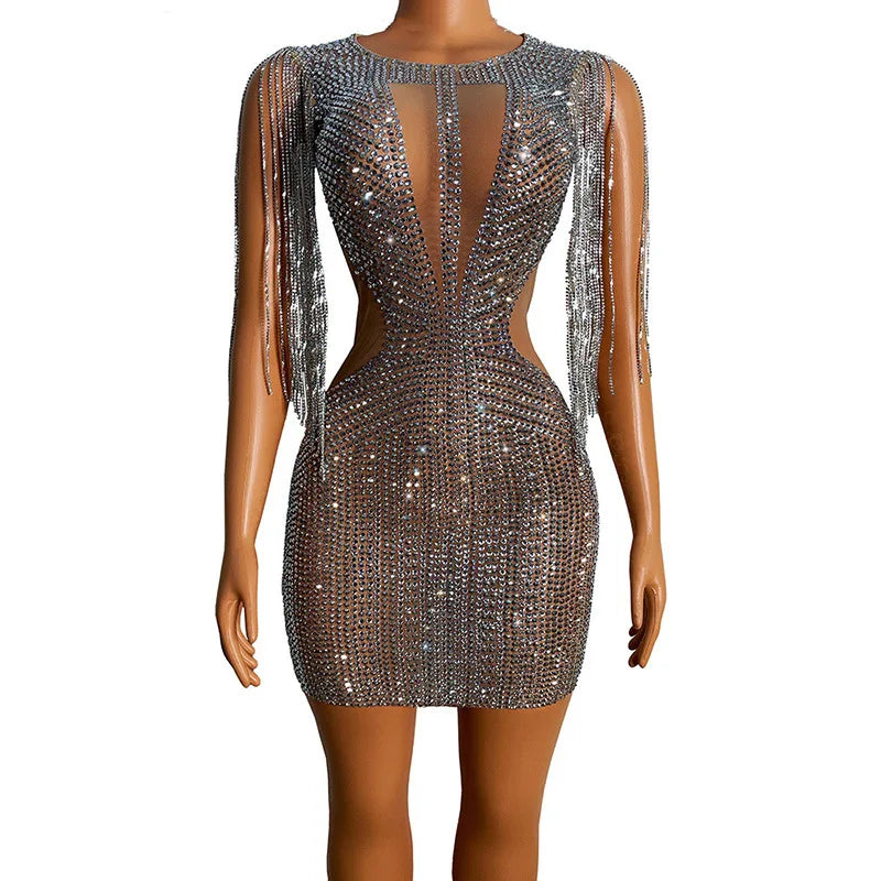 Women Celebrate Birthday Evening Dress Prom Outfit Sexy See Through Show Stage Wear Sparkly Rhinestones Tassels Crystals Dress