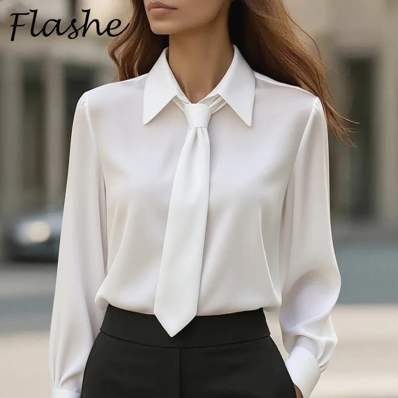 Women's Shirt Formal Bow Tie Long-sleeved Office Lady Shirt Women Fashionable Solid Color Autumn Shirt Blouses White Tops