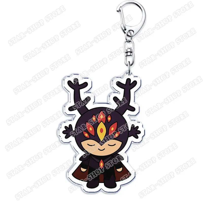 black and orange amphibian anime acrylic keychain featuring a cartoon character with antler-like horns and a silver metal clip for easy attachment