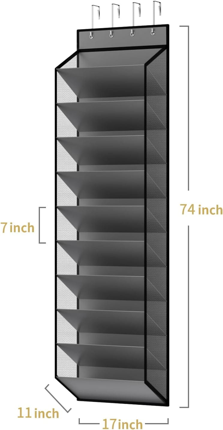 Organisateur de chaussures à mailles noires au-dessus de la porte, avec dix compartiments et crochets de suspension, conçu pour un rangement efficace des chaussures au-dessus de la porte