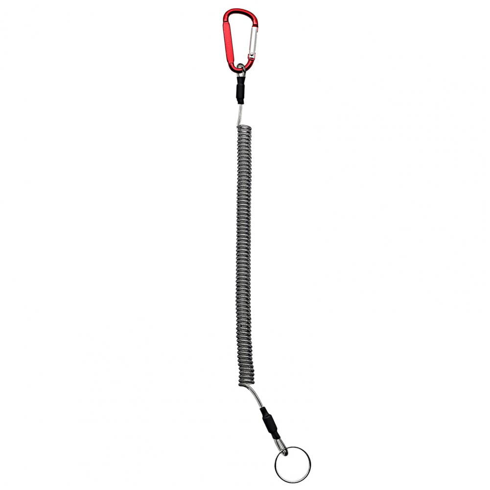 Red retractable coiled spring anti lost lanyard keychain with silver metal cord, red carabiner, black plastic connectors, and small circular ring.
