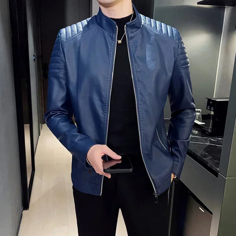 Men's Leather Motorcycle Jacket Standing Collar Fashion Trend Personalized Faux Leather Coat Stylish Biker Outerwear