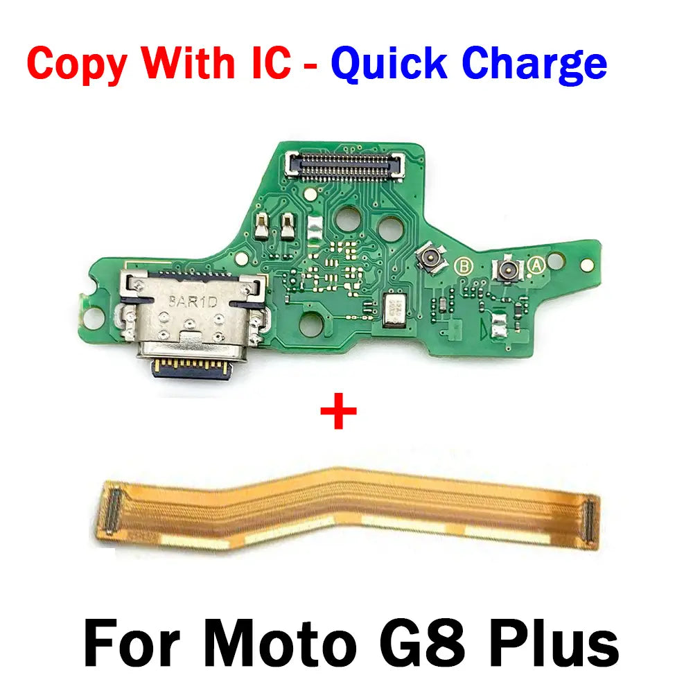 Green circuit board with a silver usb-c port and gold flex cable for usb charging designed as a charging board for Motorola moto g8 plus in the moto g series charging dock