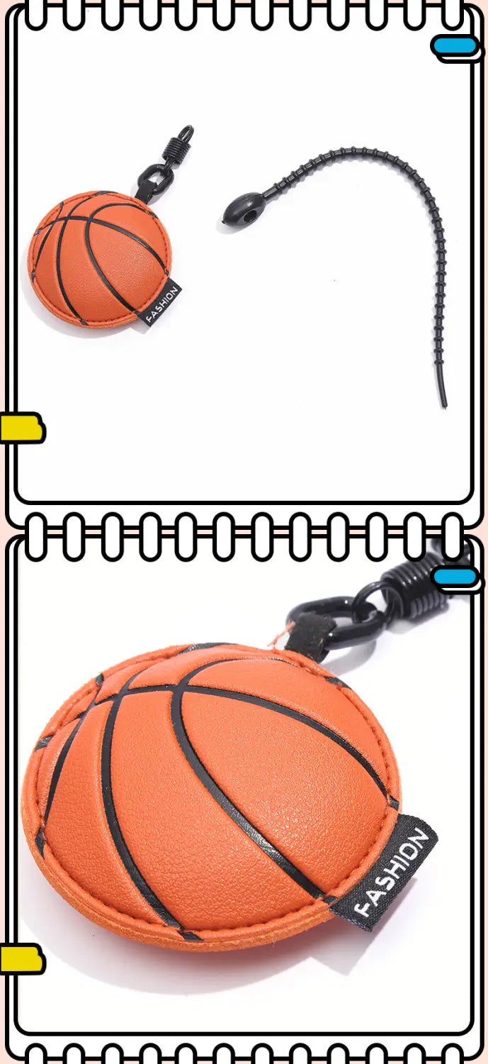 Leather sports ball keychain set bag charm featuring an orange basketball-themed keychain with black stitched lines and a fashion tag.