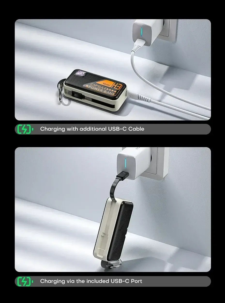 portable power bank 5000mah in black and beige with digital display fast charger usb-c ports and keychain loop for convenient use.