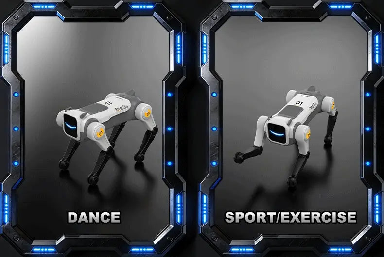 white and gray robot dog with black legs and yellow joint accents designed as a remote control toy highlighting its compact product size