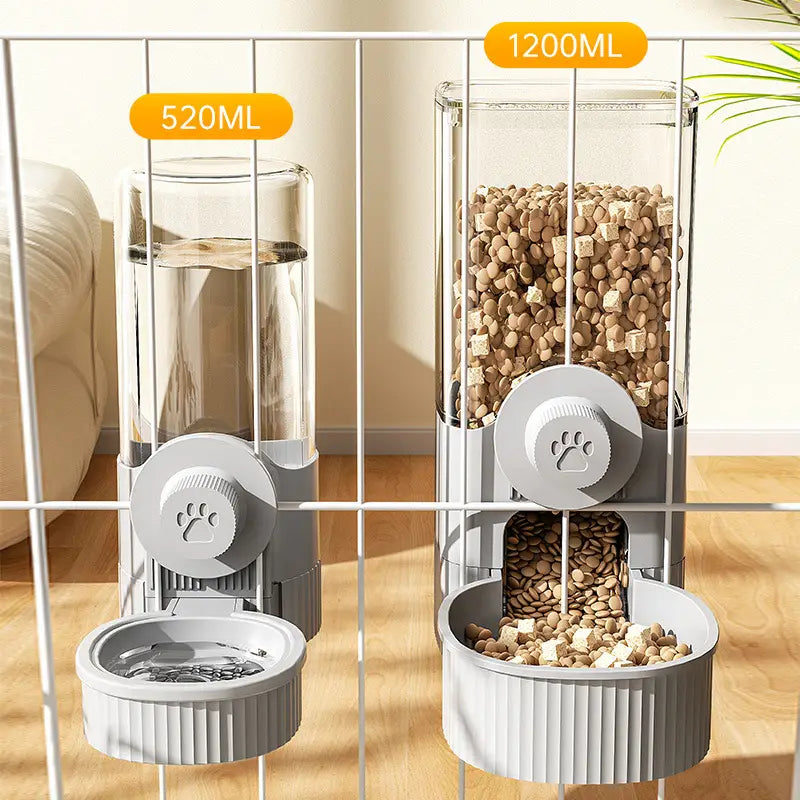 Gray pet feeder water dispenser feeder features a transparent cylindrical container and a gray dispenser feeder with a paw-print design for cage mount use.