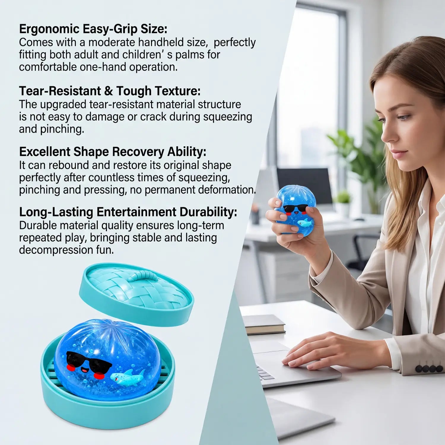 blue translucent squishy dumpling stress ball finished goods featuring black sunglasses red cheeks and a shark design inside