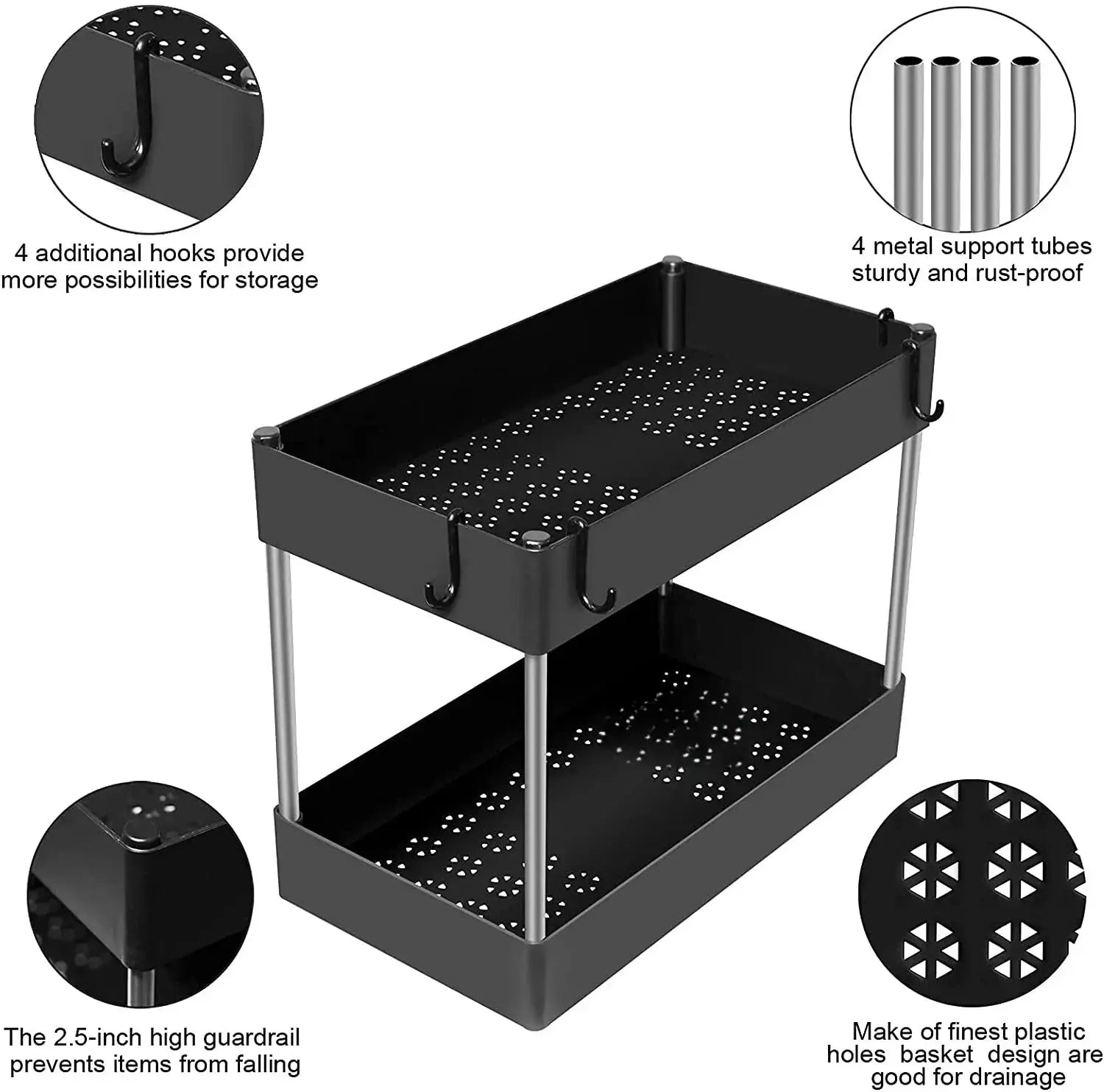 Organizador negro de almacenamiento bajo el fregadero, de dos niveles, de plástico, con estantes perforados y tubos de soporte de acero inoxidable, diseñado como una estantería multifuncional tipo cajón por niveles.