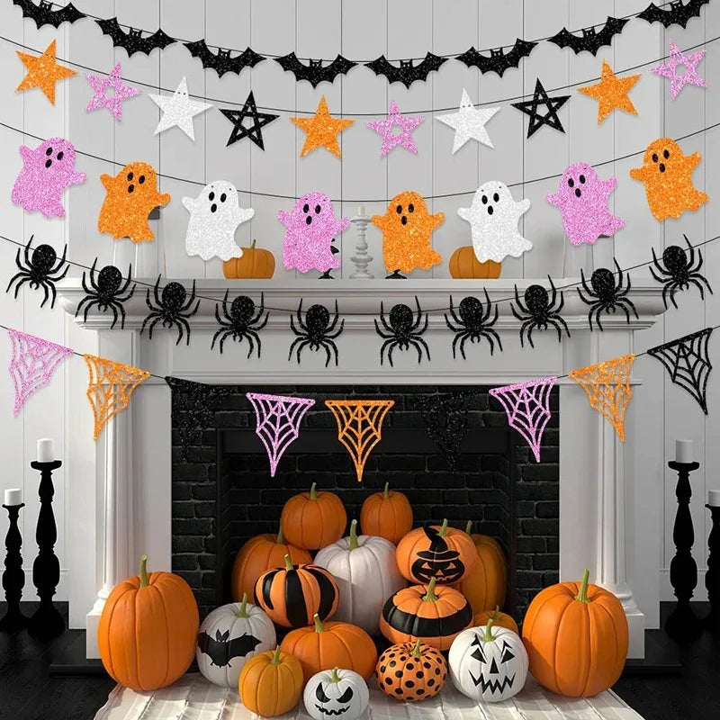 Halloween Party Decor Paper Banner Bat Spider Ghost Banner Garland Bunting For Home Halloween Party Hanging Ornaments Favor Gift