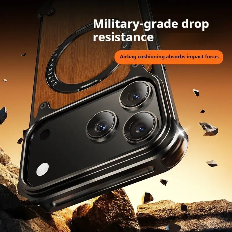 Funda para iPhone de madera negra y con textura de madera, con resistencia a caídas de grado militar y un soporte anular giratorio de 360° en la parte posterior