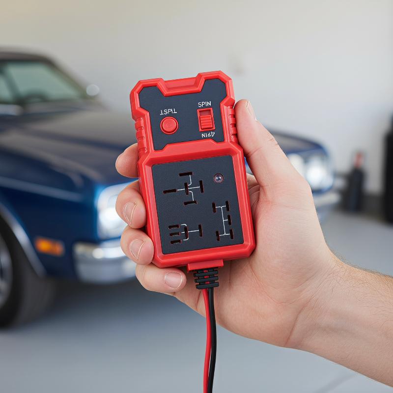 赤および黒の携帯用12V自動車用リレーテスター工具で、スピンおよびチルトボタンと複数の電源出力スロットを備えた耐久性のある樹脂筐体。