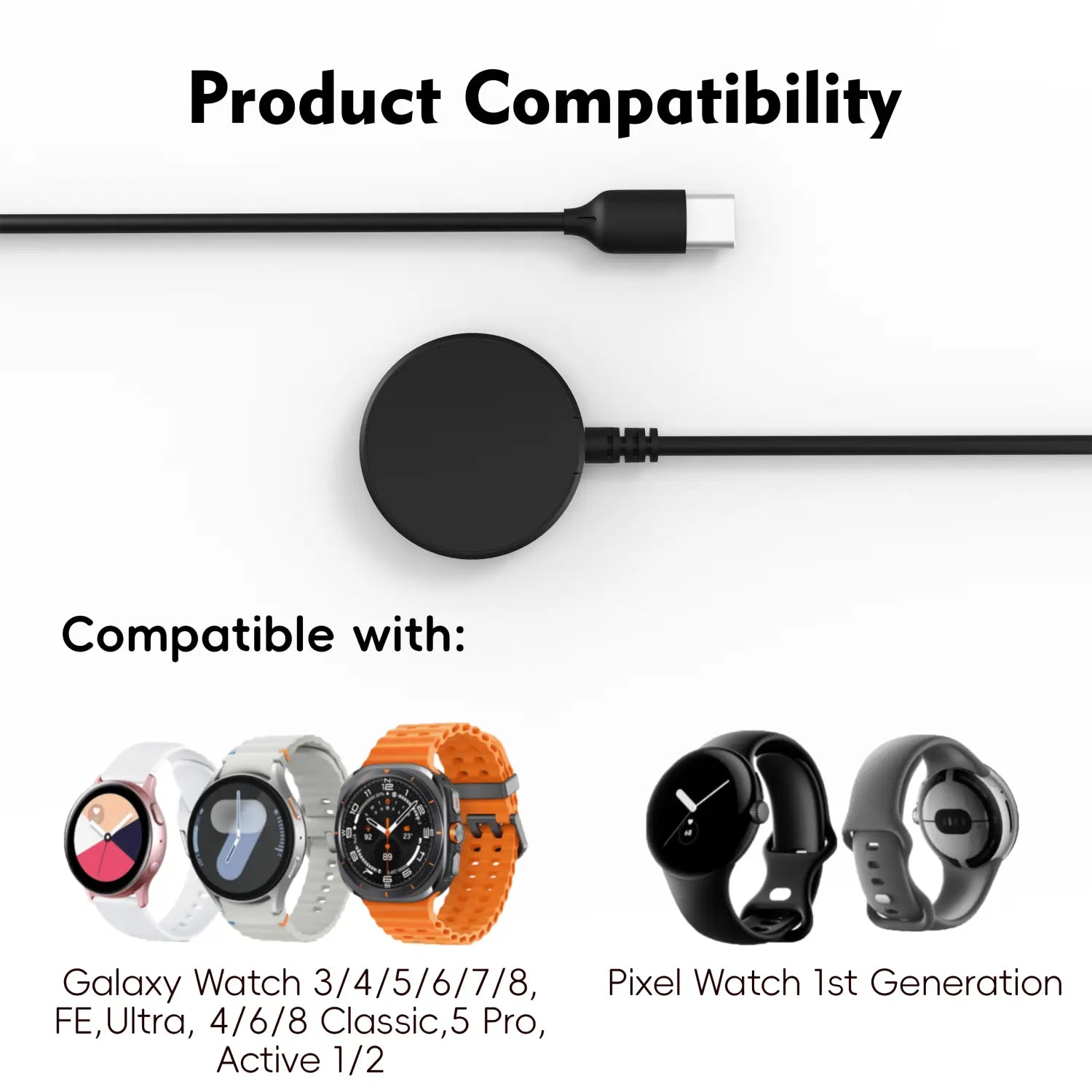 Black circular magnetic wireless charging pad for Galaxy Watch with USB-C cable