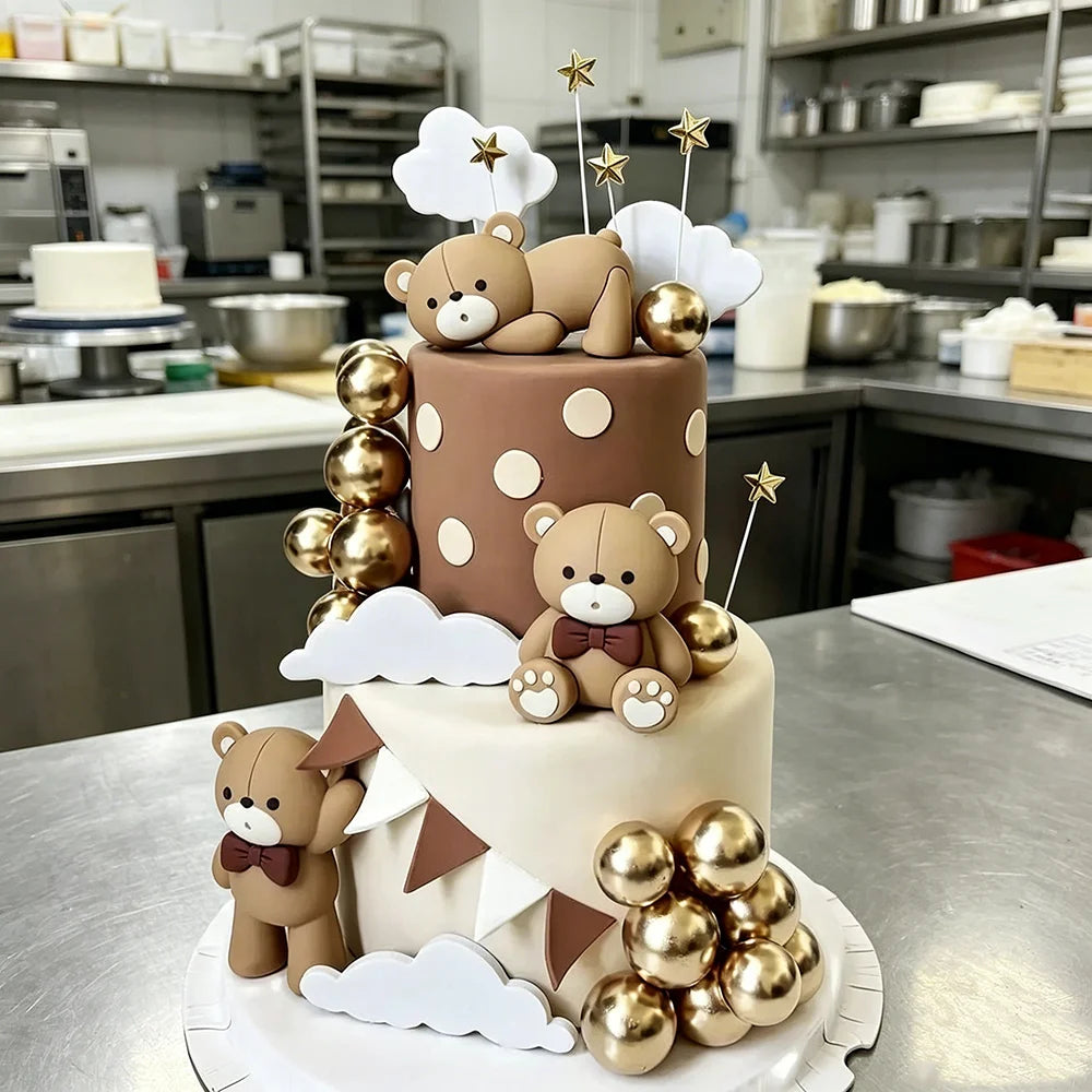Baby Shower Party Mini Bear Cake Topper Blue Brown Pink Bear Shaped Decor for Kids Boys Girls Dessert Table Layout Accessories