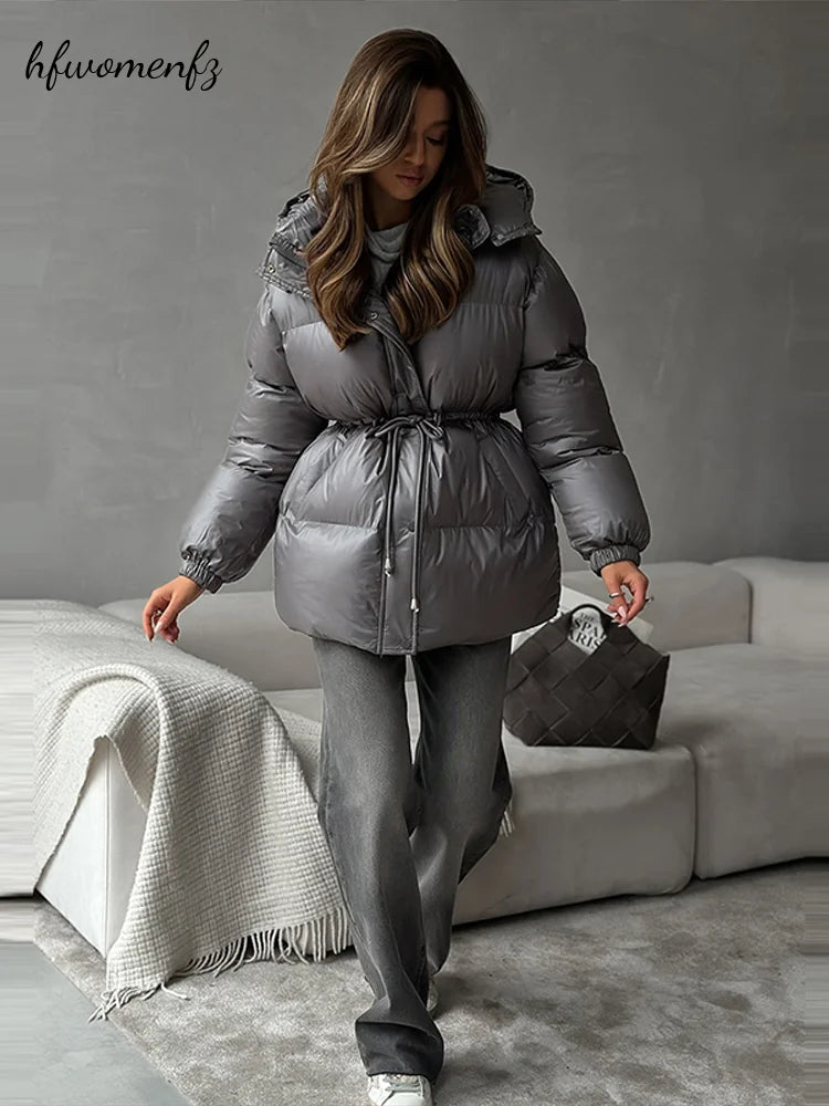 Women's Hooded Winter Jacket Drawstring Waist Cinched Long Sleeve Zip Up Solid Warm Padded Coat 2026 Fashion Lady Thick Parkas