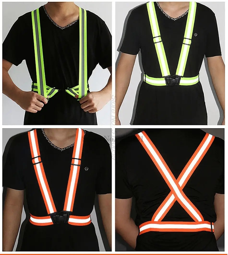 bright neon green and orange reflective motorcycle safety vest straps with adjustable black plastic buckles for enhanced visibility and secure fit