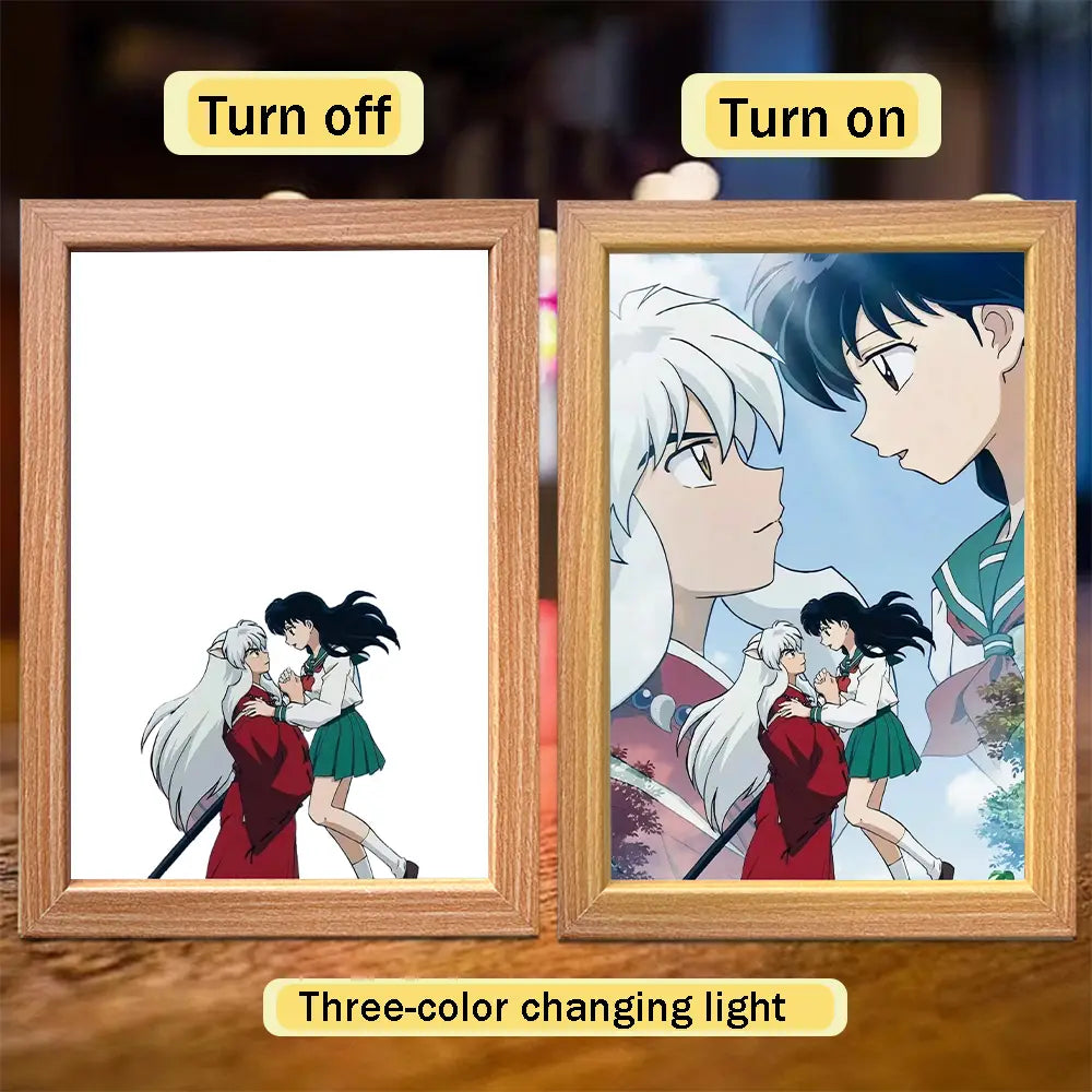 Decoración para pintura luminosa con marco de madera que presenta una ilustración de anime de Inuyasha y Kagome en una pose romántica, con iluminación LED de cambio de tres colores.
