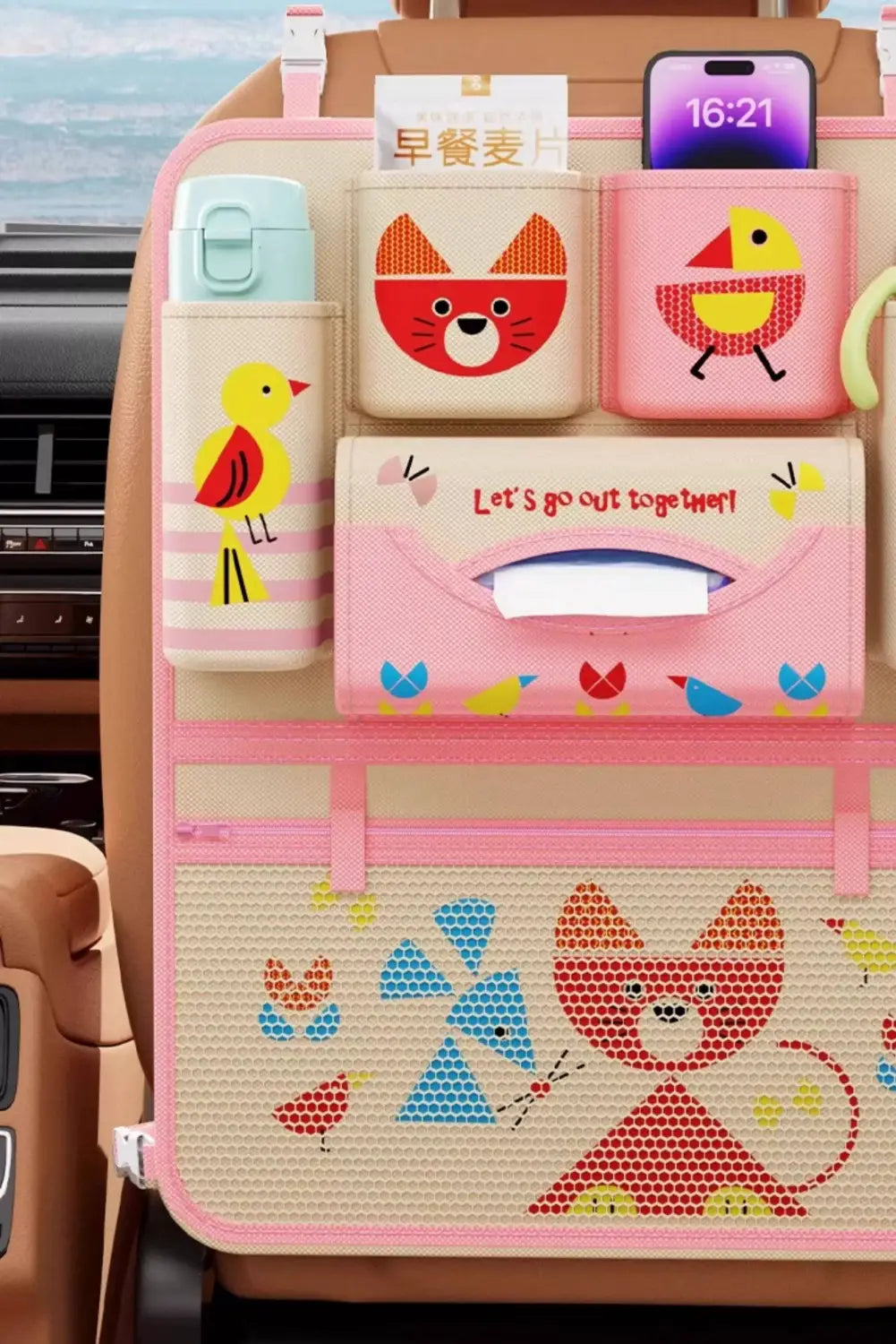 Pink and beige car seat organizer with animal alphabet designs and mesh fabric bottom panel for convenient storage.