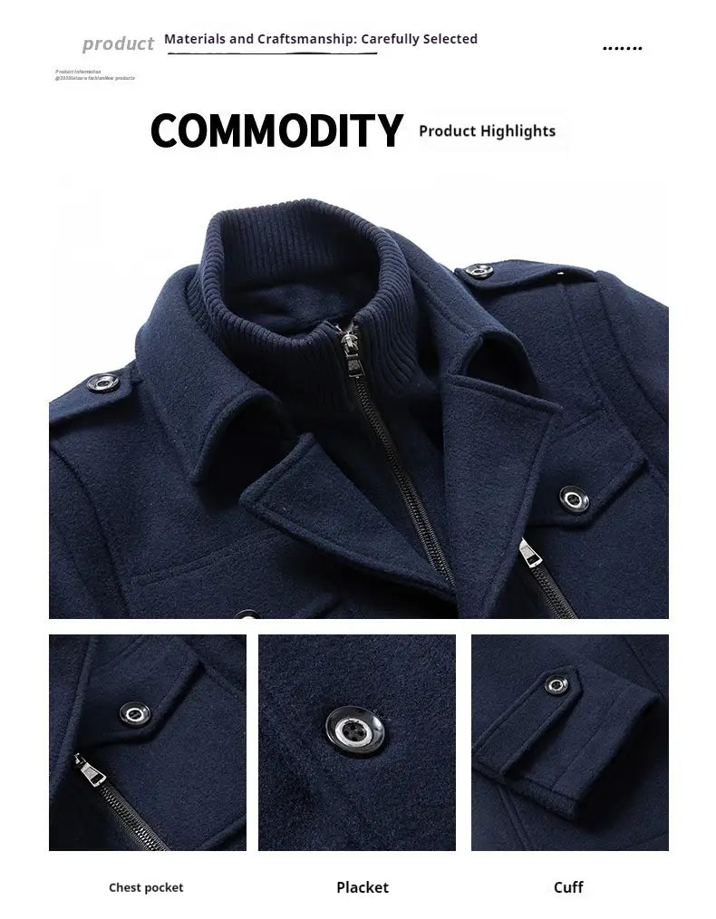 Dunkelblauer Herren-Woll-Trenchcoat mit Doppelkragen, hohem Kragen, silberfarbenen Knöpfen und Reißverschlüssen modname=ckeditor modname=ckeditor modname=ckeditor Winterjacke