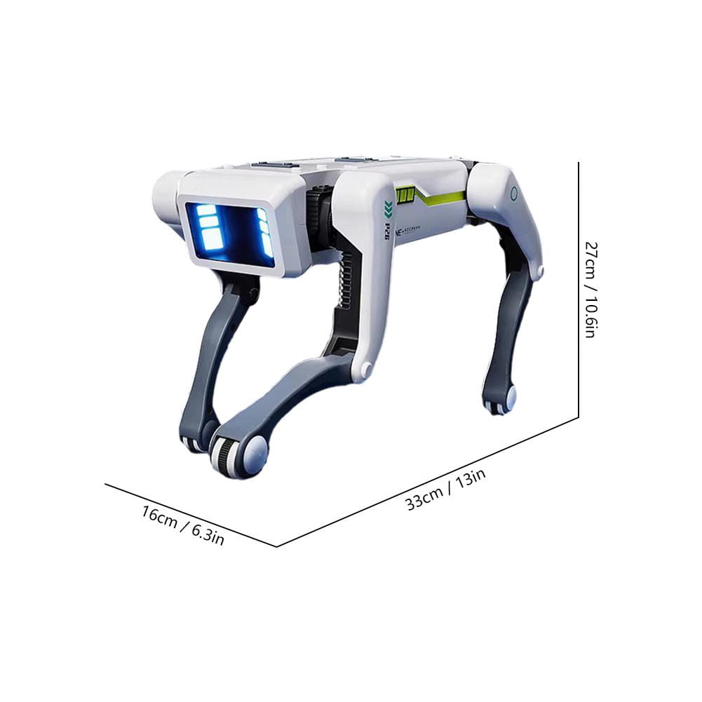 ロボット犬のインタラクティブ音声操作スマート玩具として、青色に発光する目と洗練された関節構造のデザインを特徴とする、白色と灰色のロボット犬。
