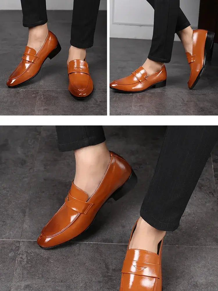 Men leather business dress shoes feature brown leather loafers with a glossy finish and a single strap across the toe.