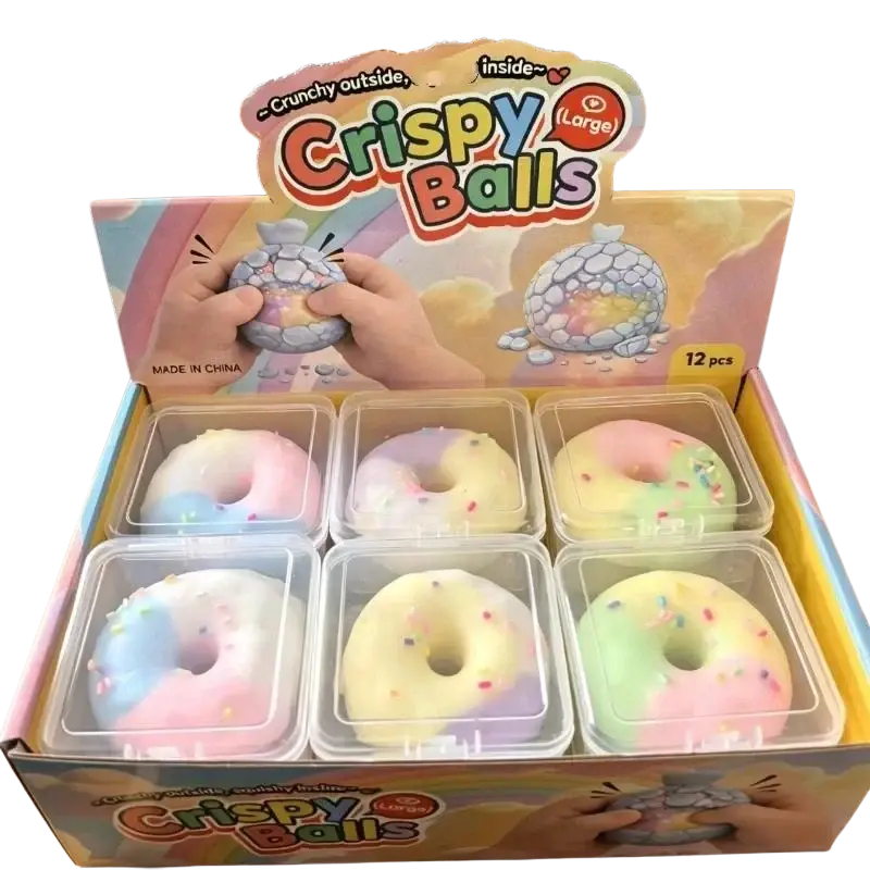 Crispy colorful donut-shaped stress relief fidget toy made of bpa-free plastic with a crunchy exterior and squishy interior