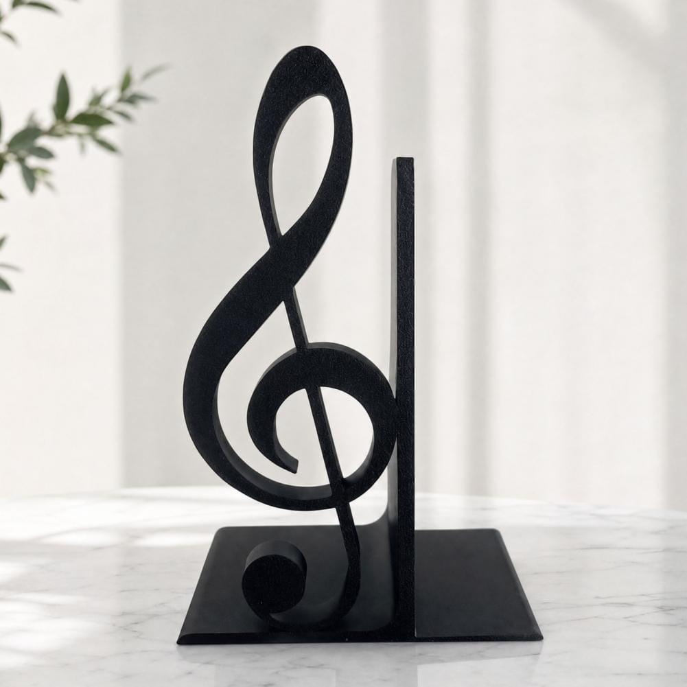 Buchstütze aus schwarzem Metall im Stil eines Violinschlüssels, verwendet als Musikdekoration, 3D-gedruckt in Schwarz zum aufrechten Aufstellen von Büchern
