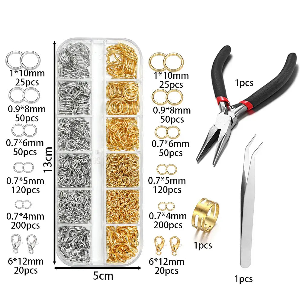 Clear plastic organizer box filled with assorted silver and gold-colored metal jump rings of various sizes for diy jewelry making findings kit with tools.