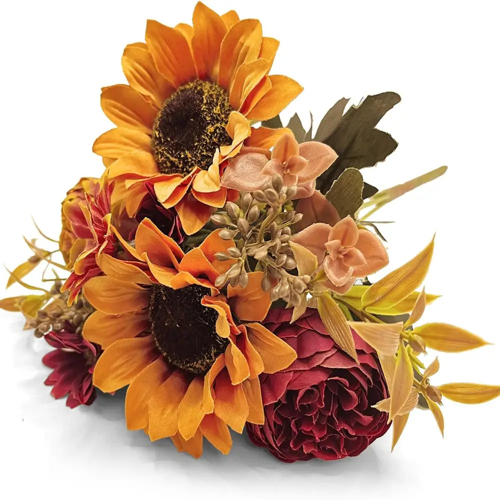 a vibrant autumn-themed artificial flowers sunflower bouquet featuring bright orange sunflowers deep maroon roses and peach-colored blooms with mixed greenery for home decoration and to send flowers.