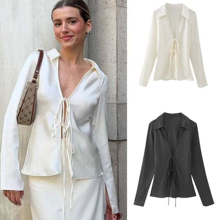Women's Elegant Satin Shirt Blouses Lapel Long Sleeve Bowknot Lace-up Shirts Tops Female Temperament Slim V-neck Tops Streetwear