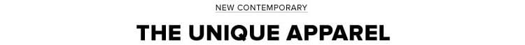 The unique apparel logo with bold black sans-serif text displaying new contemporary above and the unique apparel below on a men’s linen mandarin collar shirt.