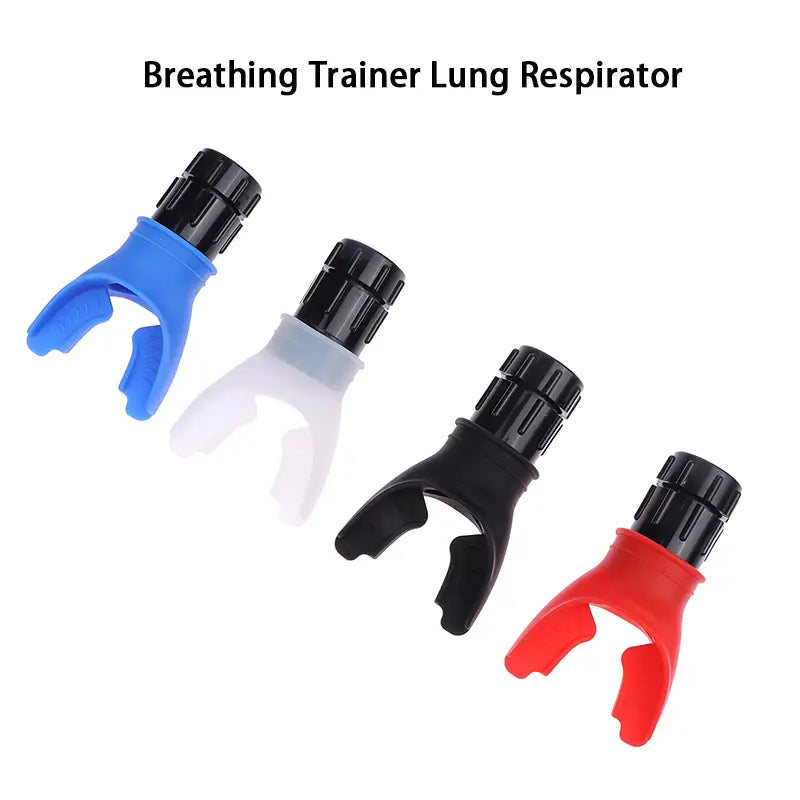 Set of four colorful silicone lung capacity training device respirators with black textured caps for respiratory fitness.