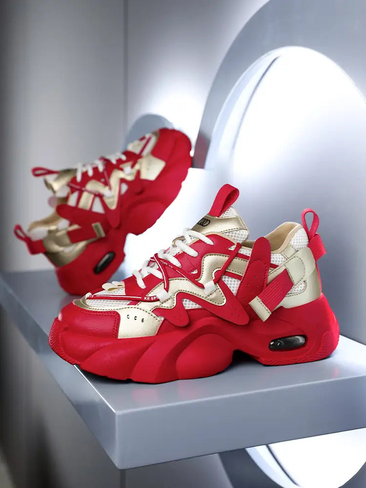 Men chunky air cushion casual sneakers featuring a bold red and cream color scheme with a sculpted chunky design.