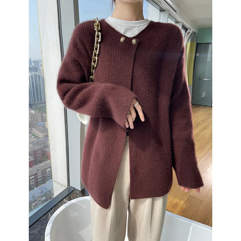 100% Wool Ladies Winter Sweater Cardigan Ladies Round Collar Long Sleeve Jacket And Knitted Women Knit Cardigan Sweater