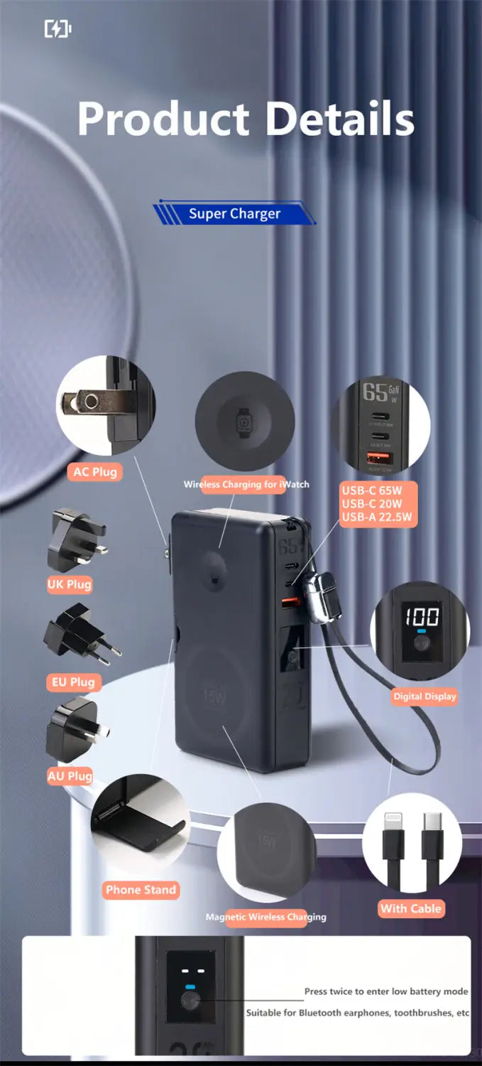 Black rectangular magnetic wireless power bank with 20000mah capacity, multiple usb ports, 65w fast charging, and a digital display.
