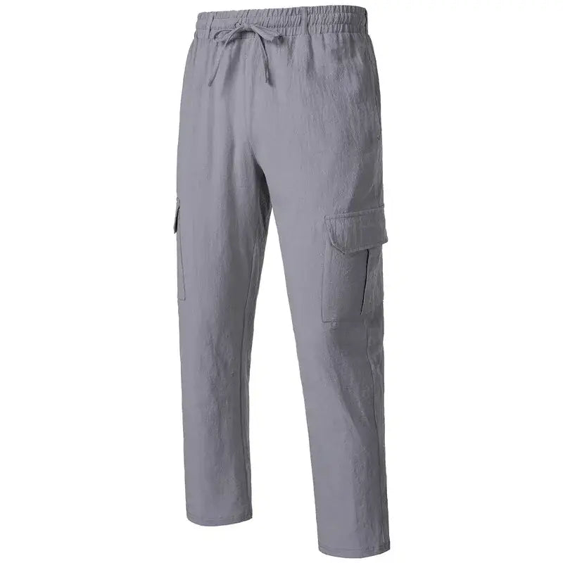 pantalons cargo en lin pour hommes décontractés et amples, de couleur grise, avec taille à cordon de serrage, plusieurs poches et coupe décontractée, fabriqués en lin respirant pour un usage quotidien