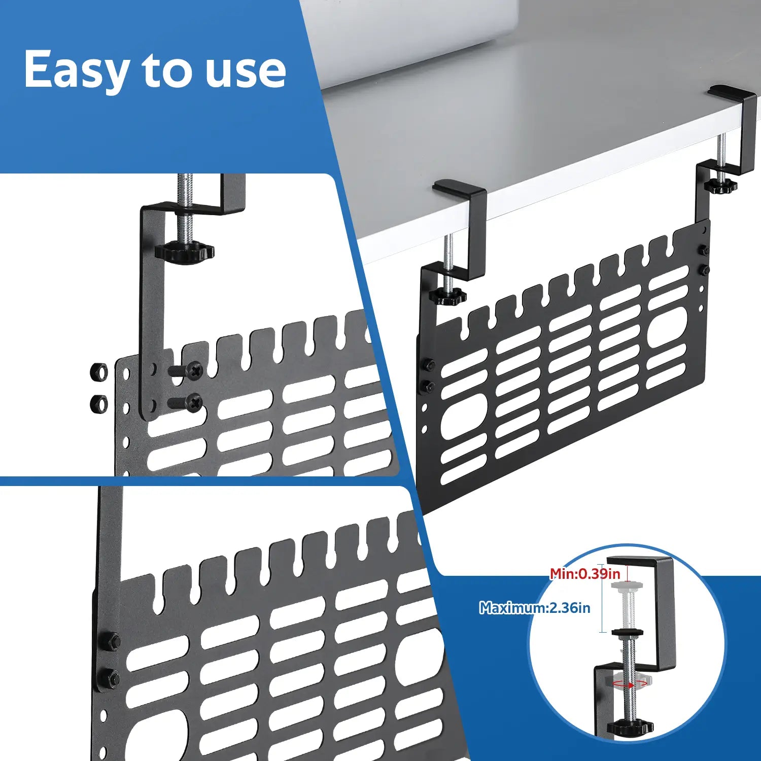 Black metal under desk cable management rack with a perforated design and adjustable clamp for organizing cables.
