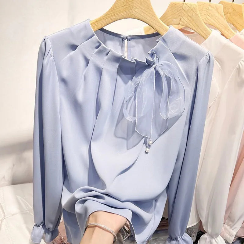 Women Stylish Ruffled Bow Lace Up Chiffon Blouses Office Lady Elegant Chic Commute Shirts Korean O Neck Long Sleeve Loose Tops