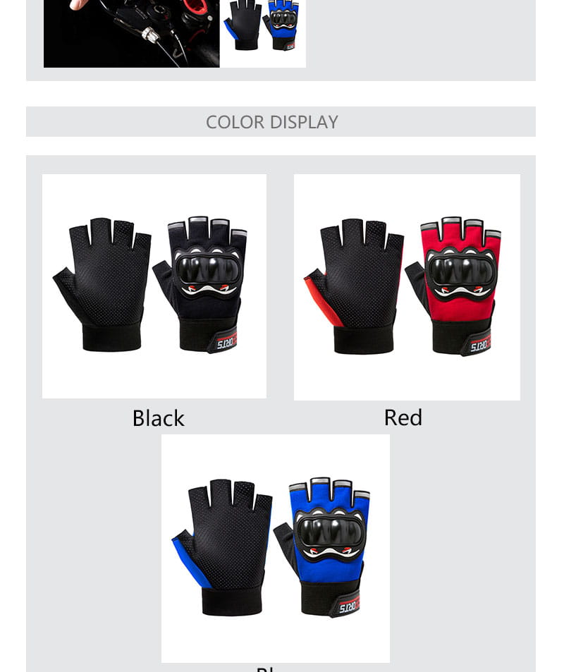 Herren- Motorrad-Taktik-Handschuhe mit halben Fingern in Schwarz, Rot und Blau mit verstärkter Knöchelpolsterung und Mesh-Gewebe auf der Rückseite